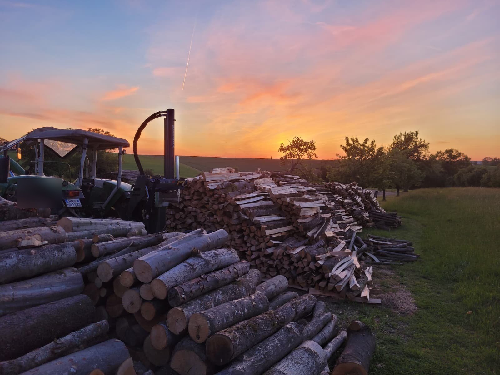 Brennholzaufarbeitung bei Abendstimmung
